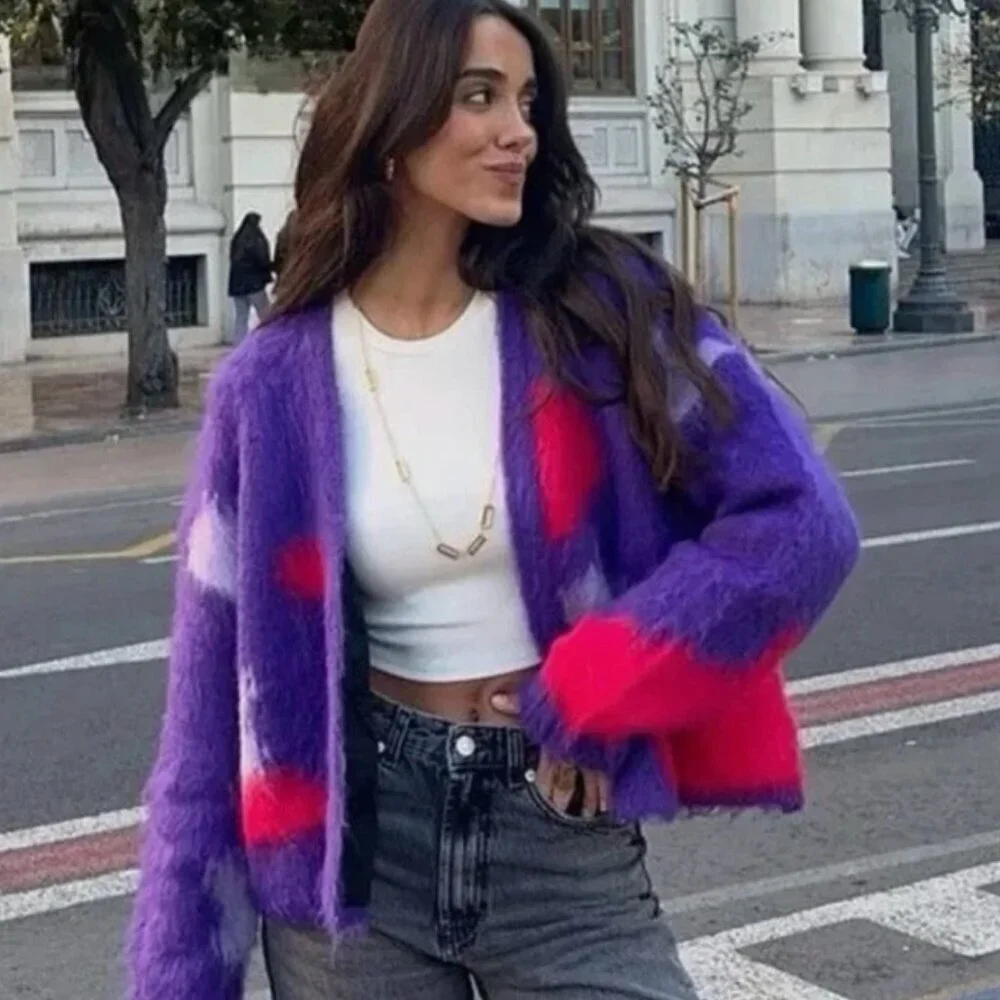 ZARA Brushed Fuzzy Finish Knit Open Cardigan Abstract Unique Purple Red L